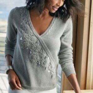 NEW SOFT SURROUNDINGS 2x Sweater Women's Gray Wool Cotton Floral Crochet Wrap